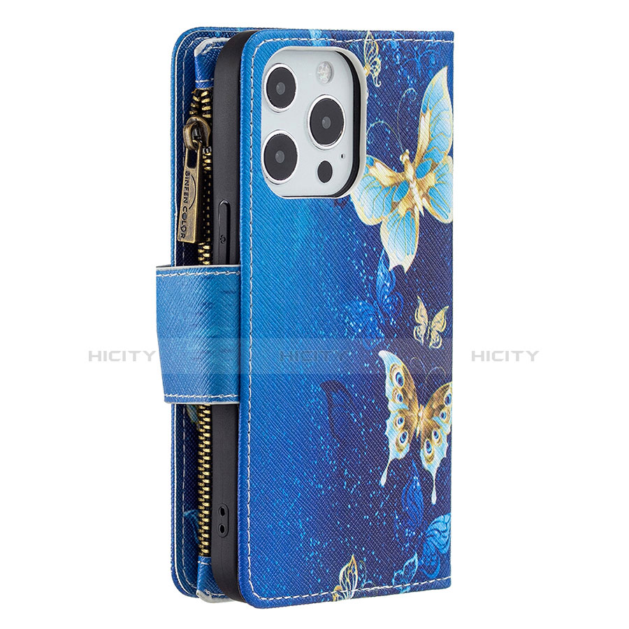 Custodia Portafoglio In Pelle Farfalla Cover con Supporto per Apple iPhone 13 Pro Blu