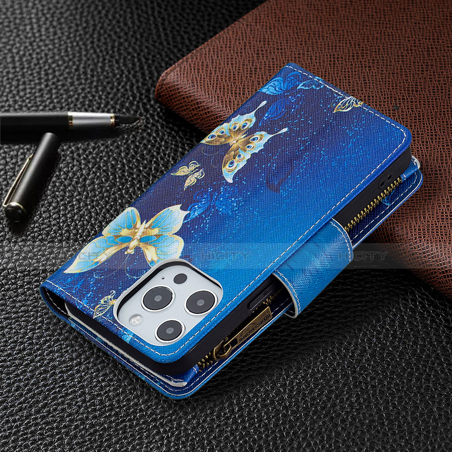 Custodia Portafoglio In Pelle Farfalla Cover con Supporto per Apple iPhone 13 Pro Max Blu