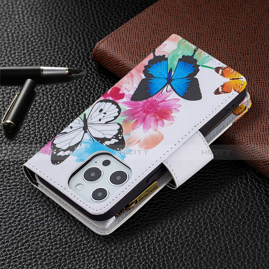 Custodia Portafoglio In Pelle Farfalla Cover con Supporto per Apple iPhone 13 Pro Rosa