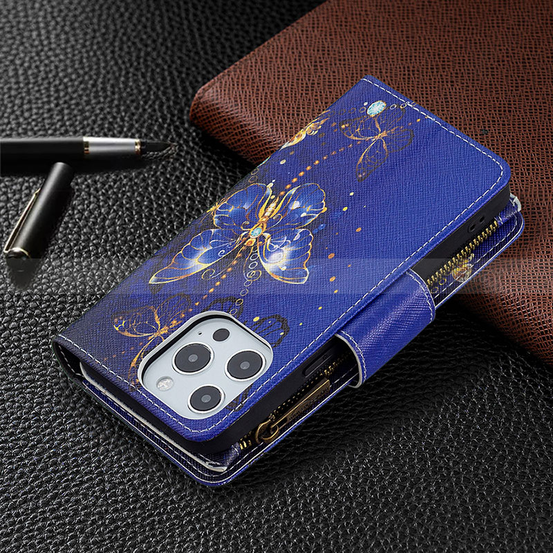 Custodia Portafoglio In Pelle Farfalla Cover con Supporto per Apple iPhone 14 Pro Blu Notte