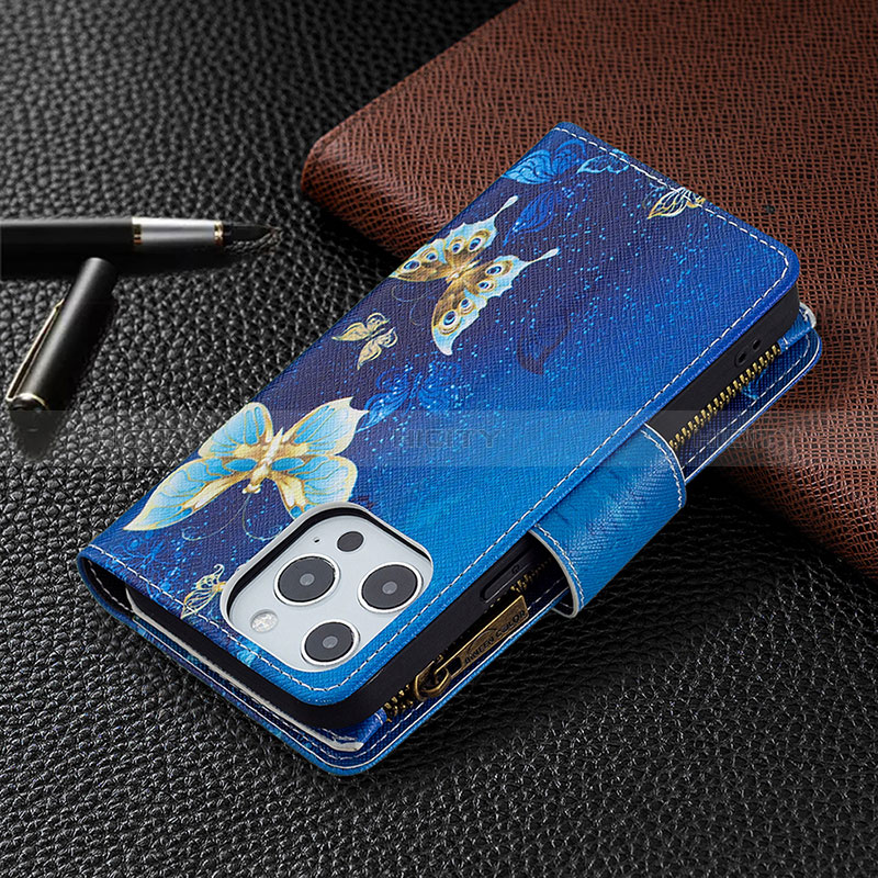 Custodia Portafoglio In Pelle Farfalla Cover con Supporto per Apple iPhone 14 Pro Max Blu