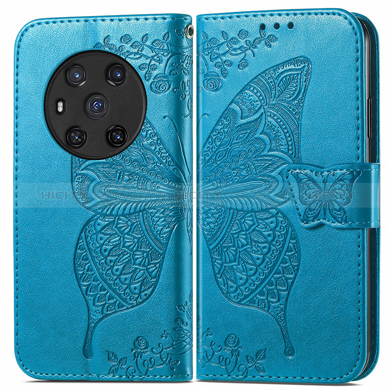 Custodia Portafoglio In Pelle Farfalla Cover con Supporto per Huawei Honor Magic3 5G Blu