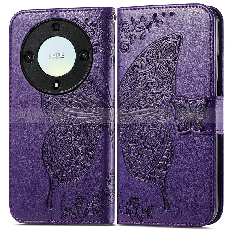 Custodia Portafoglio In Pelle Farfalla Cover con Supporto per Huawei Honor Magic5 Lite 5G Viola