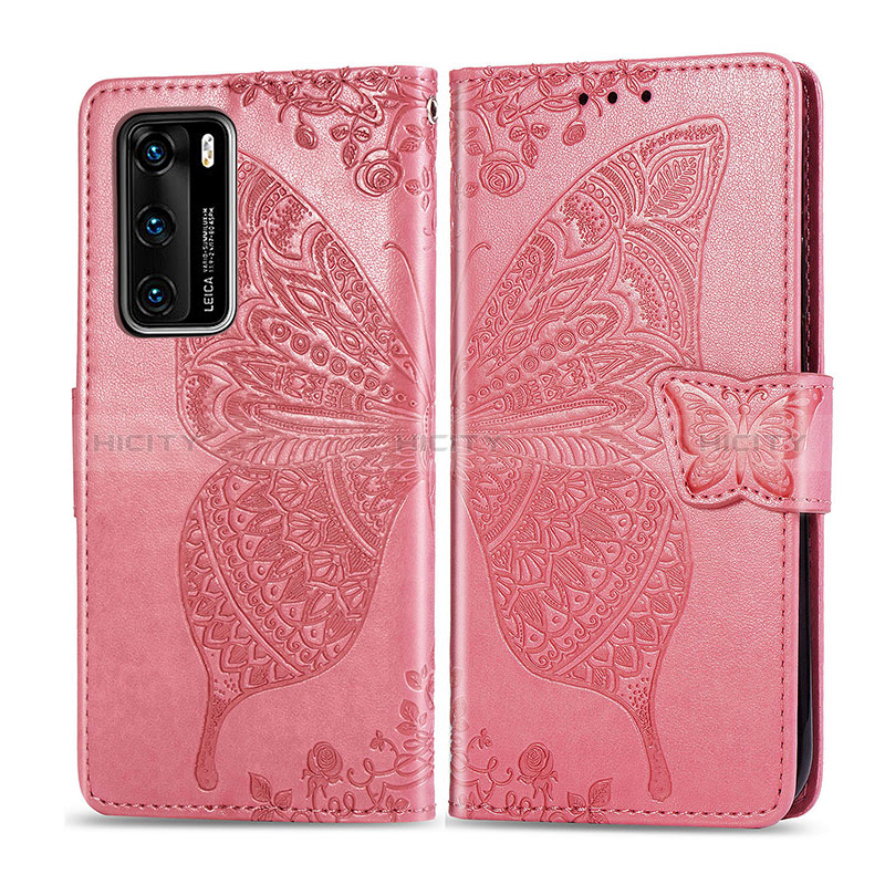 Custodia Portafoglio In Pelle Farfalla Cover con Supporto per Huawei P40 Rosa Caldo
