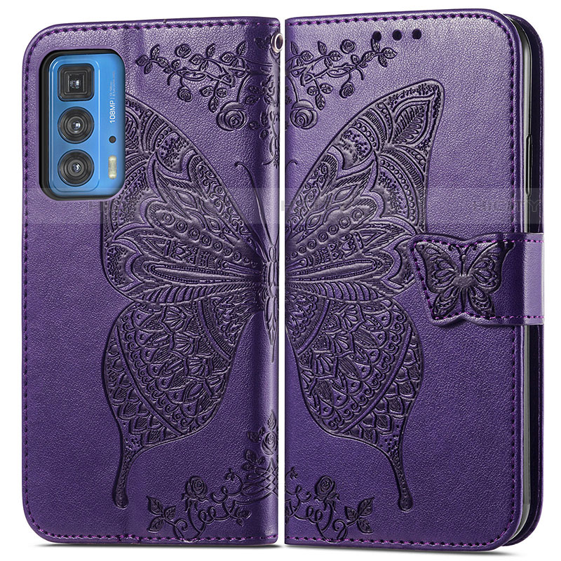 Custodia Portafoglio In Pelle Farfalla Cover con Supporto per Motorola Moto Edge 20 Pro 5G Viola