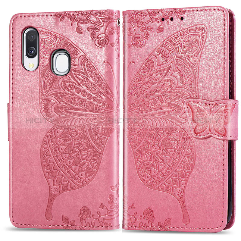 Custodia Portafoglio In Pelle Farfalla Cover con Supporto per Samsung Galaxy A40 Rosa Caldo
