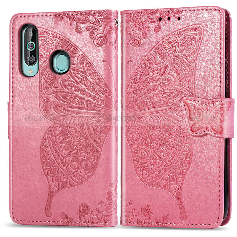 Custodia Portafoglio In Pelle Farfalla Cover con Supporto per Samsung Galaxy A60 Rosa Caldo