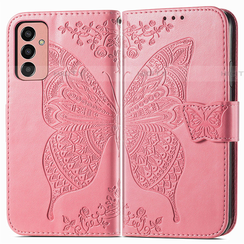 Custodia Portafoglio In Pelle Farfalla Cover con Supporto per Samsung Galaxy F13 4G Rosa Caldo