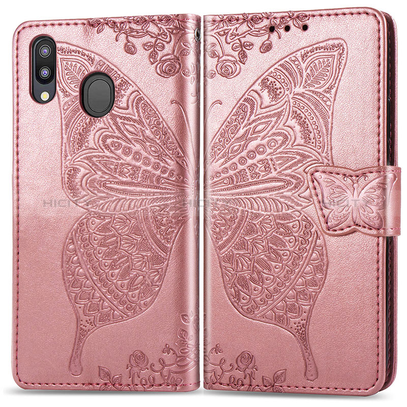 Custodia Portafoglio In Pelle Farfalla Cover con Supporto per Samsung Galaxy M20 Rosa