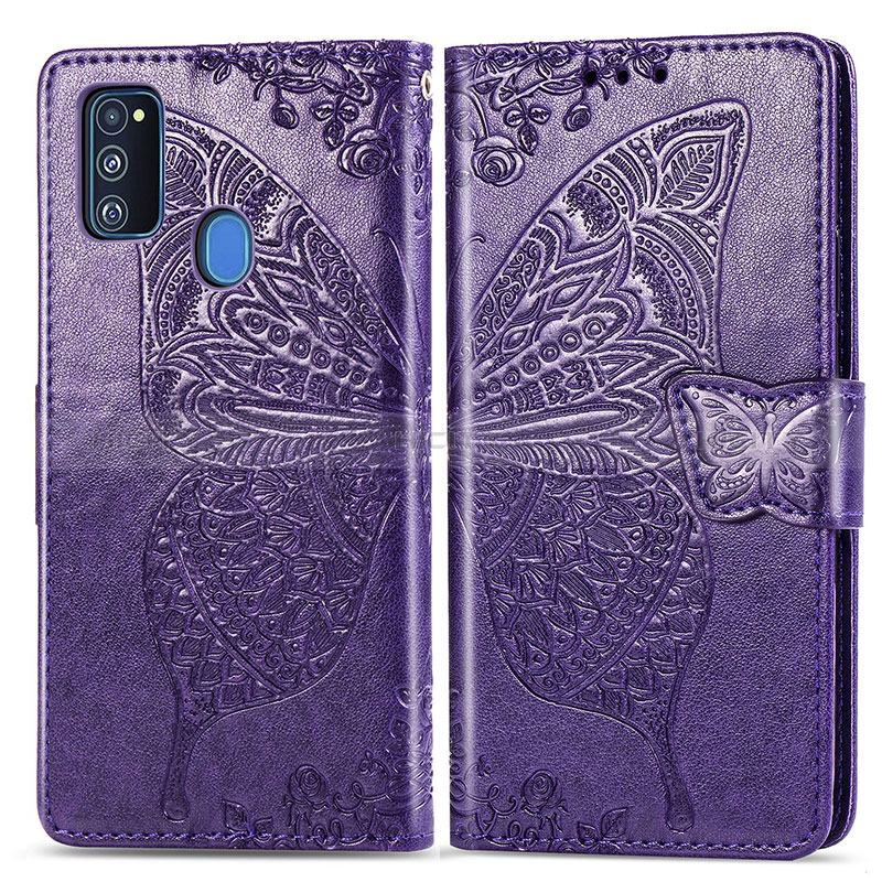 Custodia Portafoglio In Pelle Farfalla Cover con Supporto per Samsung Galaxy M21 Viola