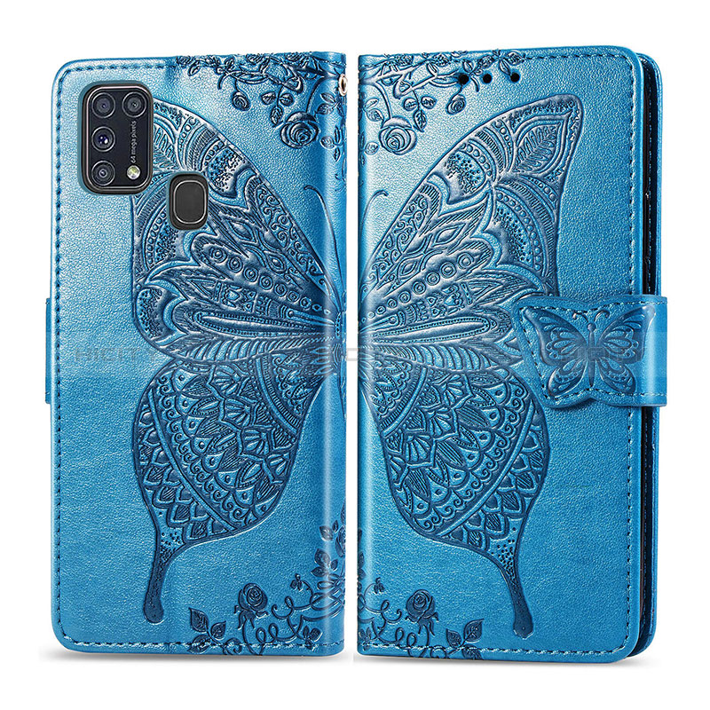 Custodia Portafoglio In Pelle Farfalla Cover con Supporto per Samsung Galaxy M21s Blu