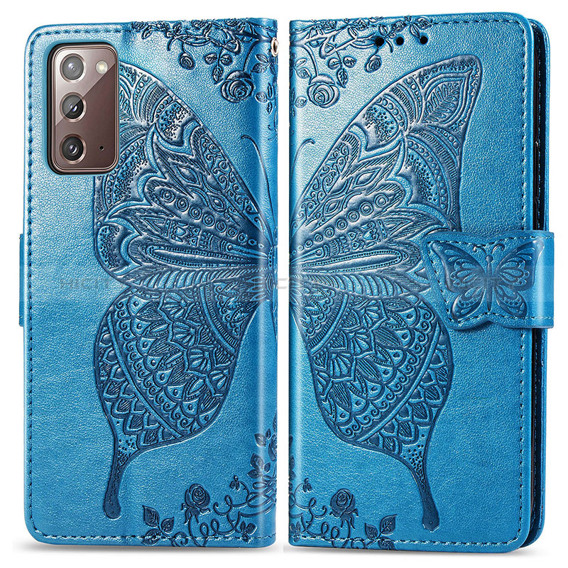 Custodia Portafoglio In Pelle Farfalla Cover con Supporto per Samsung Galaxy Note 20 5G Blu