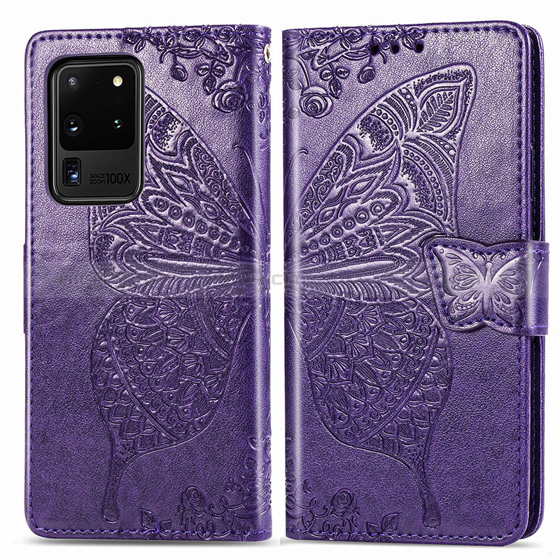 Custodia Portafoglio In Pelle Farfalla Cover con Supporto per Samsung Galaxy S20 Ultra 5G Viola