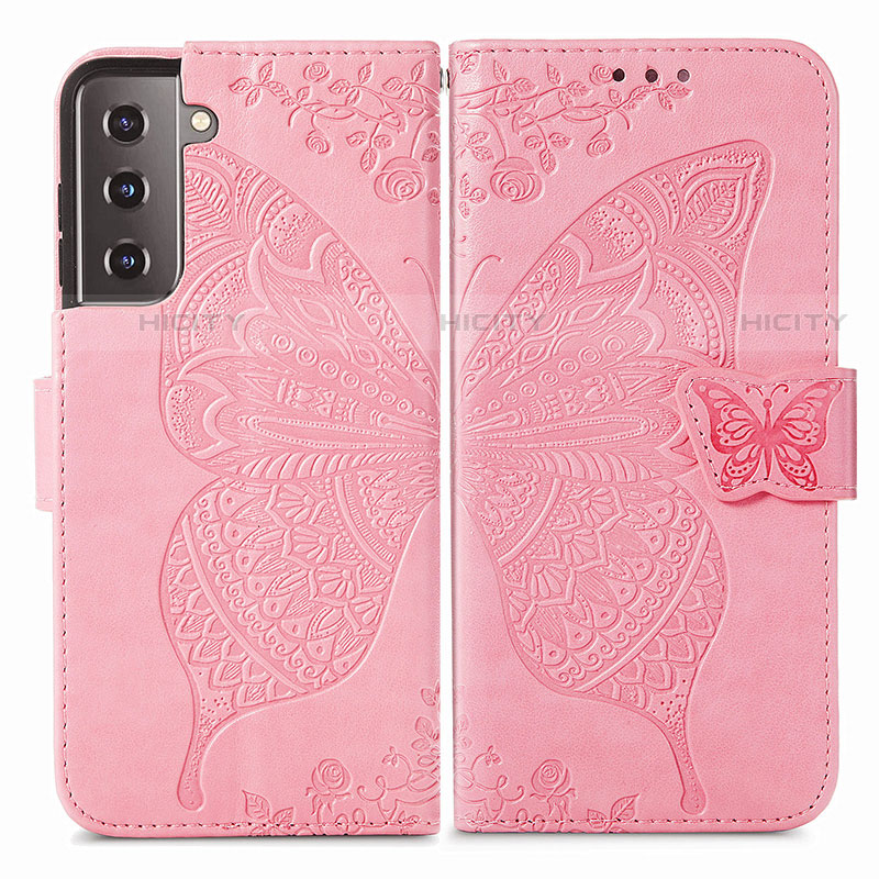 Custodia Portafoglio In Pelle Farfalla Cover con Supporto per Samsung Galaxy S21 FE 5G Rosa Caldo