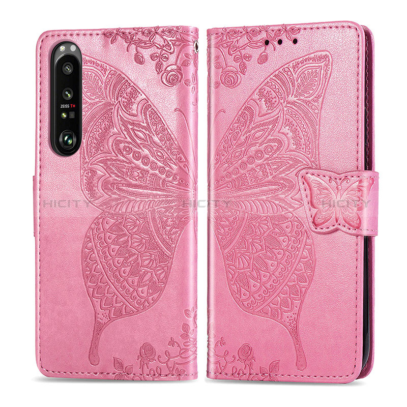 Custodia Portafoglio In Pelle Farfalla Cover con Supporto per Sony Xperia 1 III Rosa Caldo