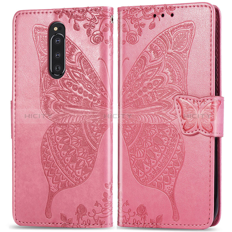 Custodia Portafoglio In Pelle Farfalla Cover con Supporto per Sony Xperia 1 Rosa Caldo