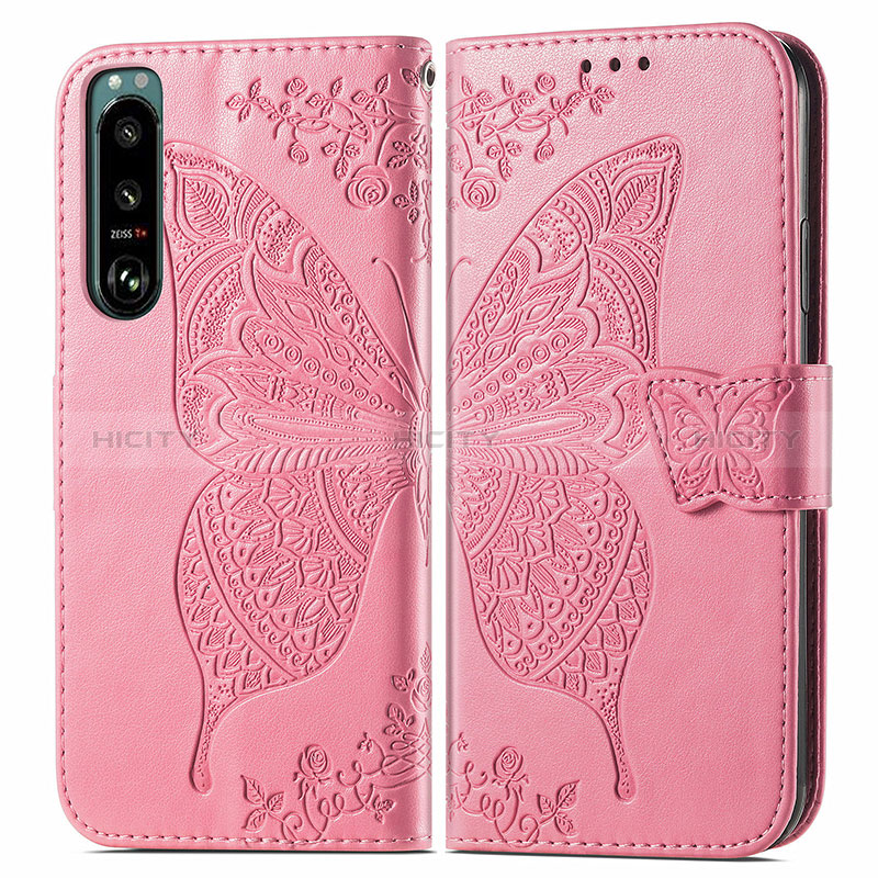 Custodia Portafoglio In Pelle Farfalla Cover con Supporto per Sony Xperia 5 IV Rosa Caldo