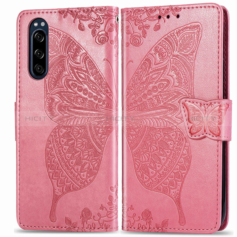 Custodia Portafoglio In Pelle Farfalla Cover con Supporto per Sony Xperia 5 Rosa Caldo