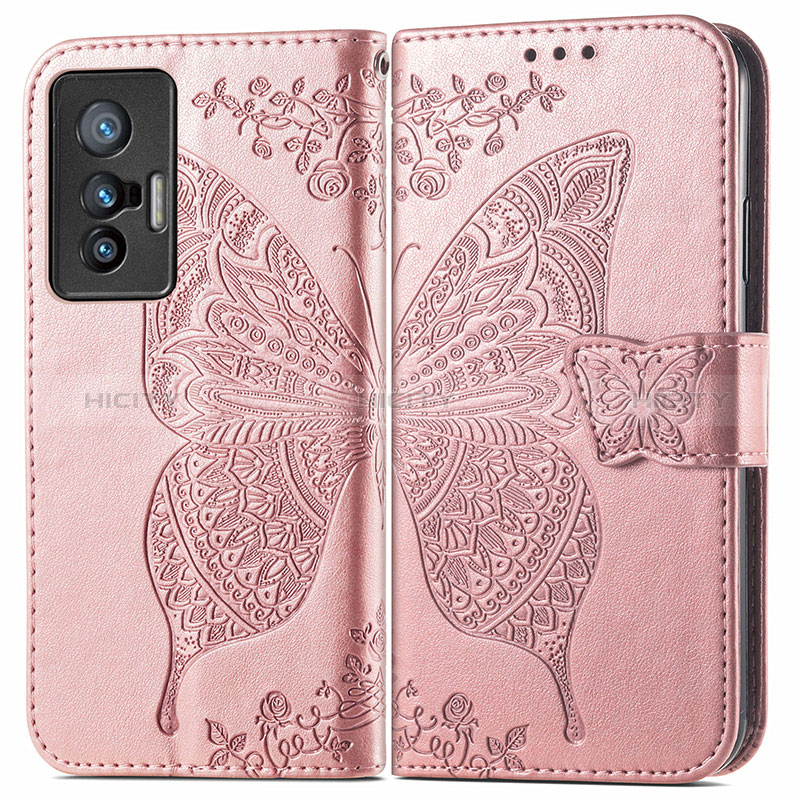 Custodia Portafoglio In Pelle Farfalla Cover con Supporto per Vivo X70 5G Rosa