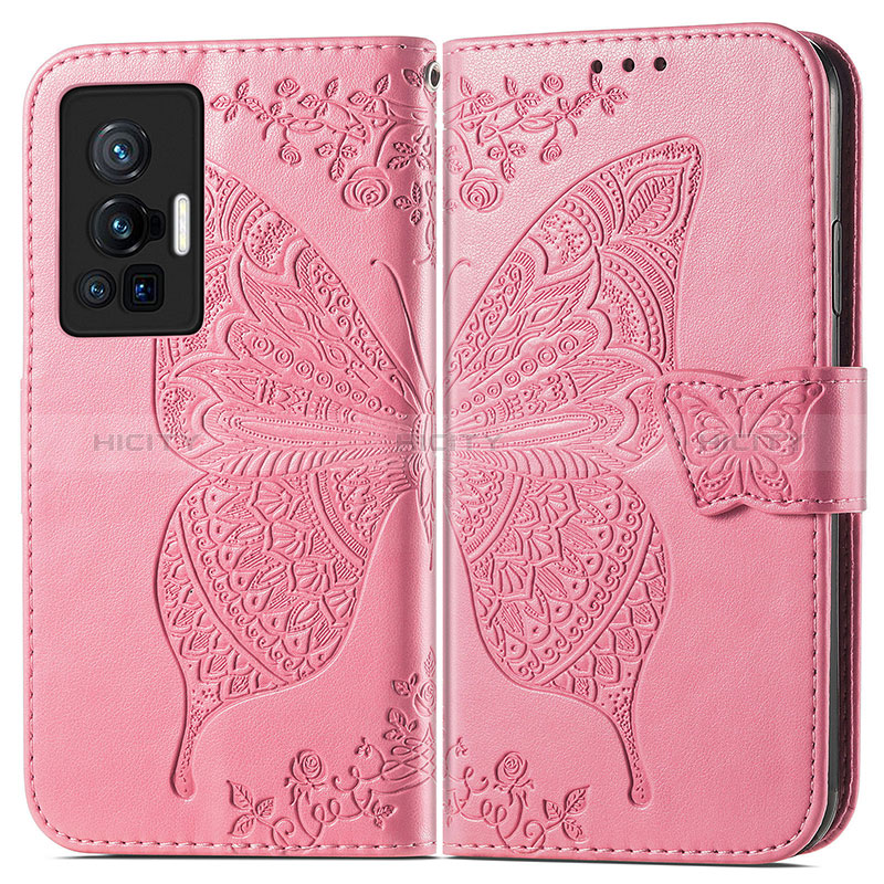 Custodia Portafoglio In Pelle Farfalla Cover con Supporto per Vivo X70 Pro 5G Rosa Caldo