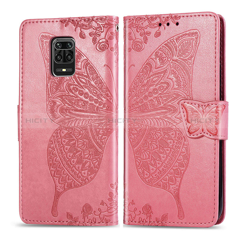 Custodia Portafoglio In Pelle Farfalla Cover con Supporto per Xiaomi Redmi Note 9 Pro Rosa Caldo