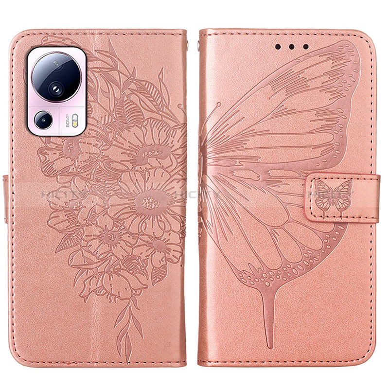 Custodia Portafoglio In Pelle Farfalla Cover con Supporto YB1 per Xiaomi Mi 13 Lite 5G Oro Rosa