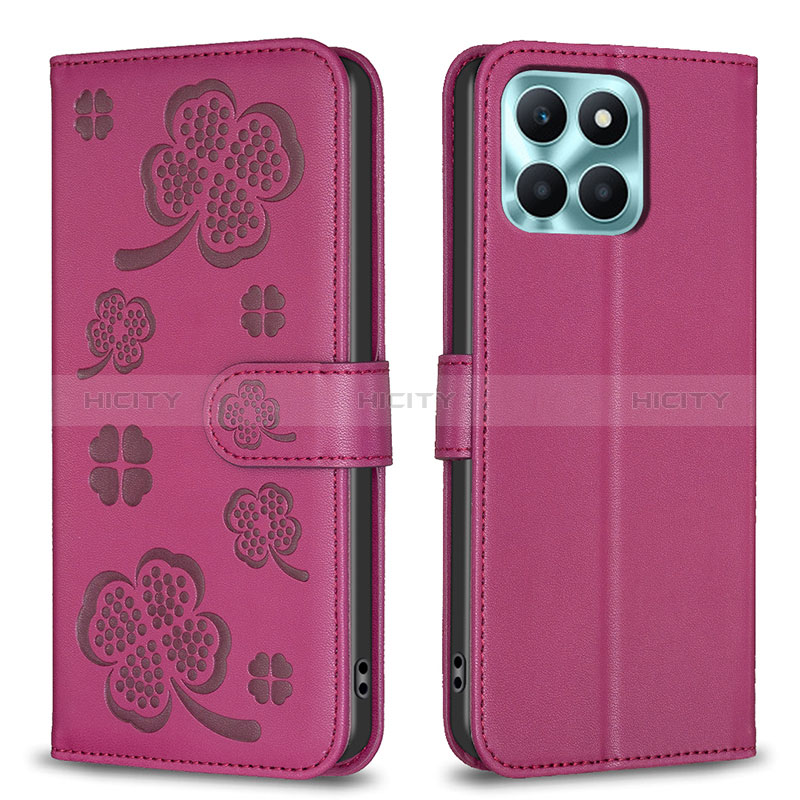 Custodia Portafoglio In Pelle Fiori Cover con Supporto BF1 per Huawei Honor X6a Rosa Caldo