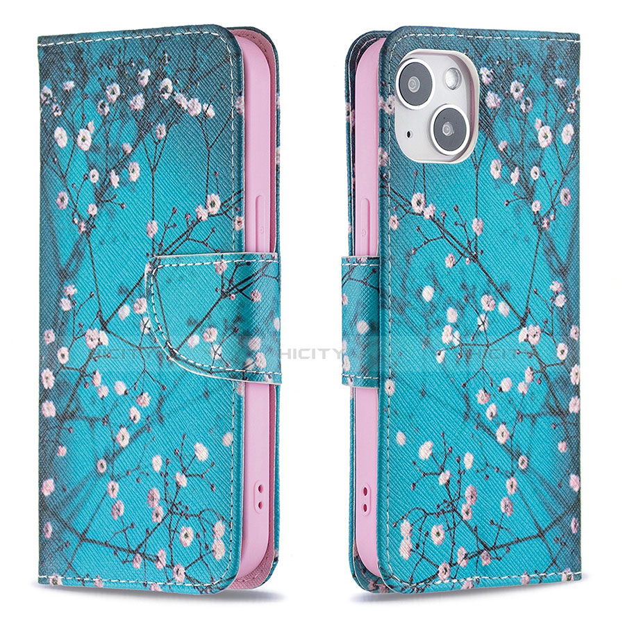 Custodia Portafoglio In Pelle Fiori Cover con Supporto L01 per Apple iPhone 13 Mini Ciano