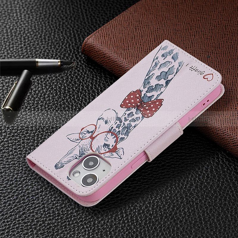 Custodia Portafoglio In Pelle Fiori Cover con Supporto L01 per Apple iPhone 15 Rosa