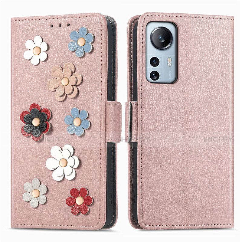 Custodia Portafoglio In Pelle Fiori Cover con Supporto L01 per Xiaomi Mi 12 5G Oro Rosa