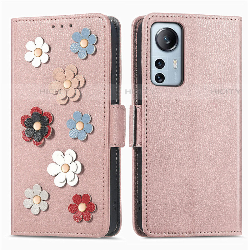 Custodia Portafoglio In Pelle Fiori Cover con Supporto L01 per Xiaomi Mi 12 Pro 5G Oro Rosa