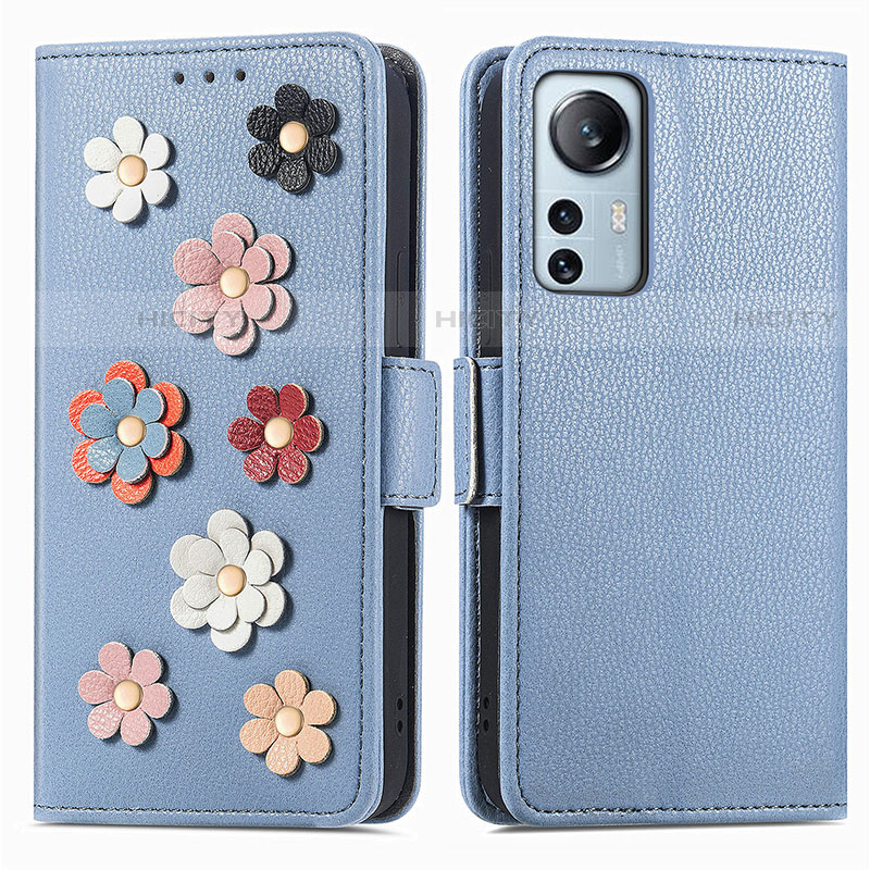 Custodia Portafoglio In Pelle Fiori Cover con Supporto L01 per Xiaomi Mi 12S 5G Blu
