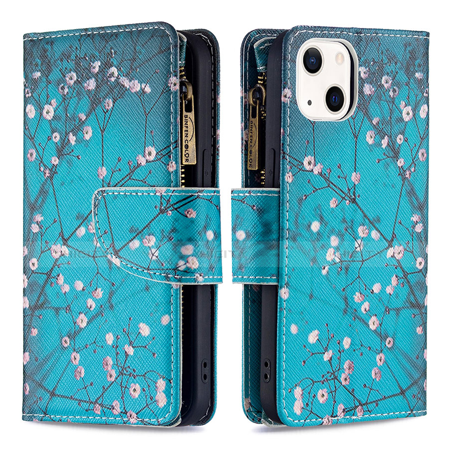 Custodia Portafoglio In Pelle Fiori Cover con Supporto L03 per Apple iPhone 13 Mini Ciano