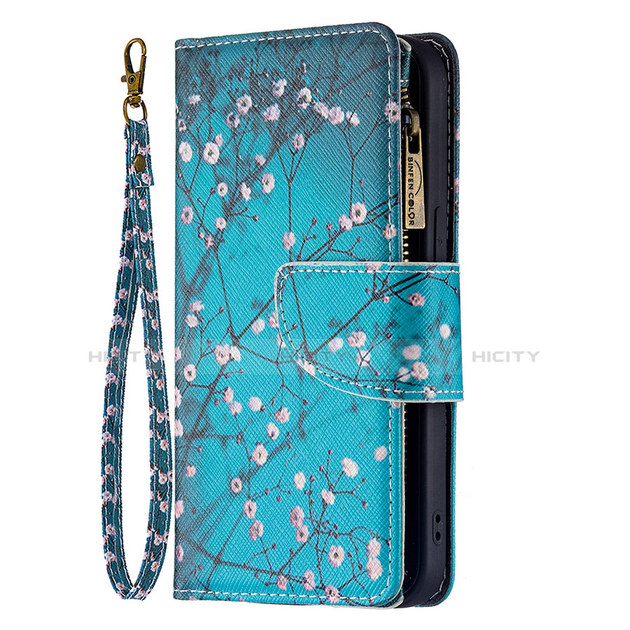 Custodia Portafoglio In Pelle Fiori Cover con Supporto L03 per Apple iPhone 13 Mini Ciano