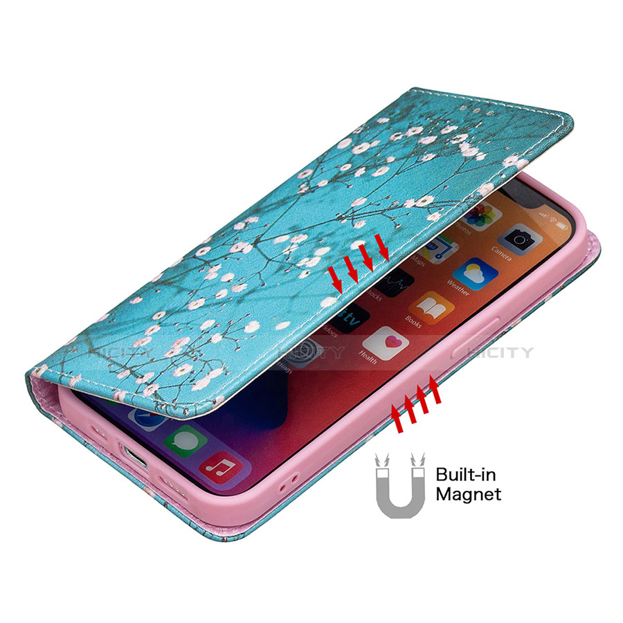 Custodia Portafoglio In Pelle Fiori Cover con Supporto per Apple iPhone 13 Mini Ciano