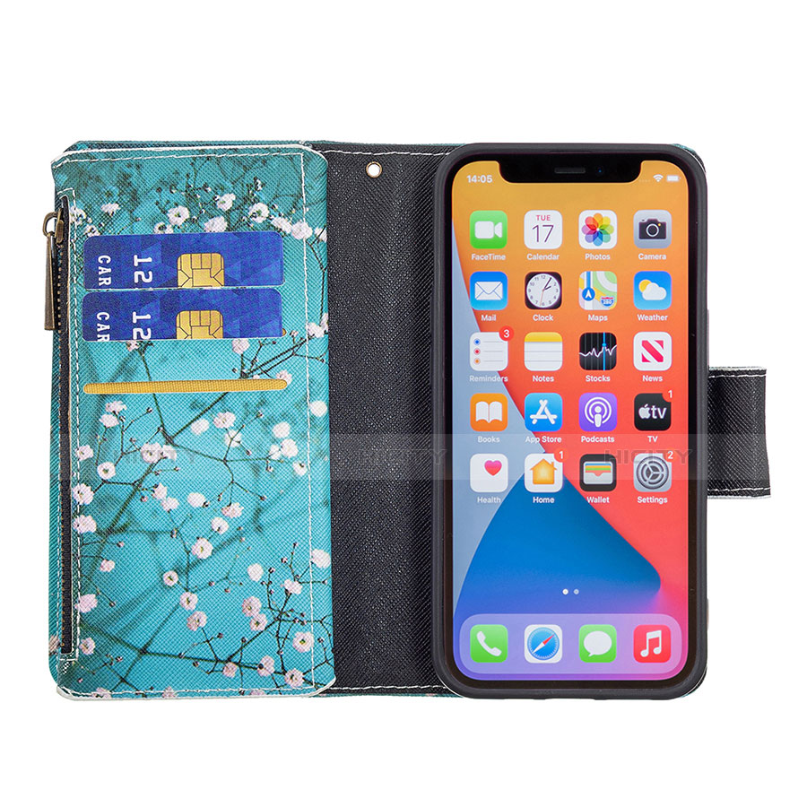 Custodia Portafoglio In Pelle Fiori Cover con Supporto per Apple iPhone 13 Pro Max Ciano