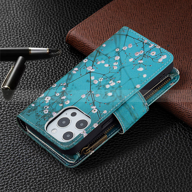 Custodia Portafoglio In Pelle Fiori Cover con Supporto per Apple iPhone 14 Pro Max Ciano
