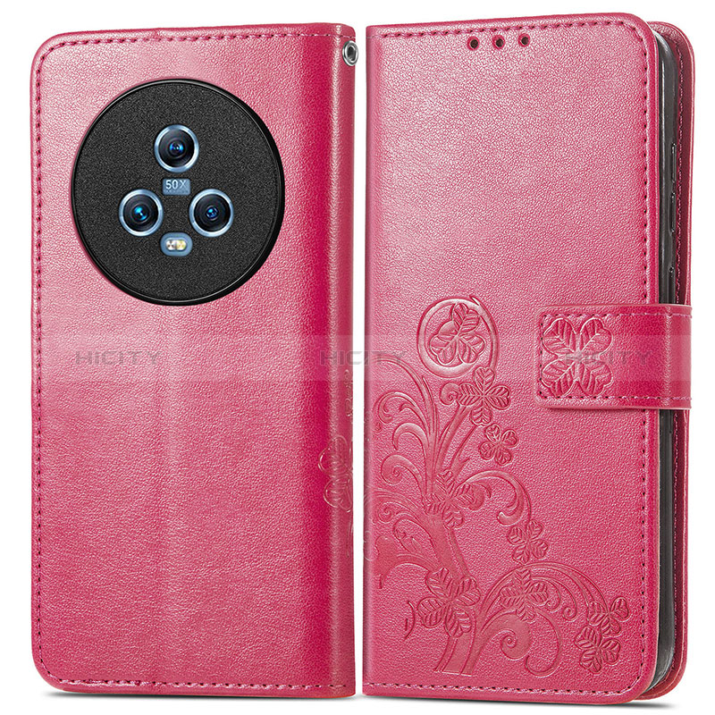Custodia Portafoglio In Pelle Fiori Cover con Supporto per Huawei Honor Magic5 5G Rosa Caldo
