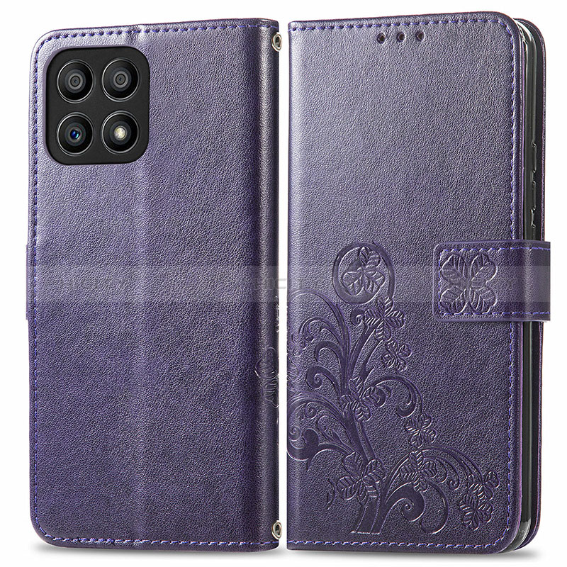 Custodia Portafoglio In Pelle Fiori Cover con Supporto per Huawei Honor X30i Viola