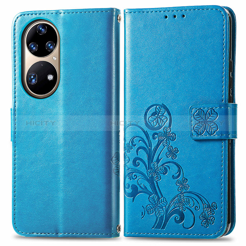 Custodia Portafoglio In Pelle Fiori Cover con Supporto per Huawei P50 Pro Blu