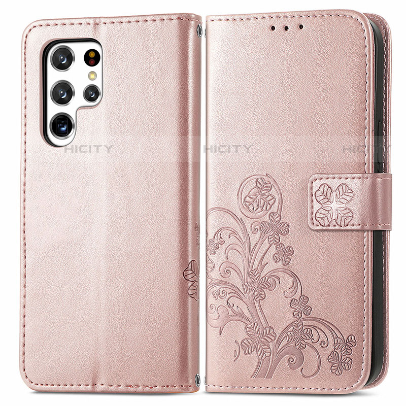 Custodia Portafoglio In Pelle Fiori Cover con Supporto per Samsung Galaxy S21 Ultra 5G Rosa