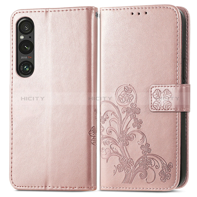 Custodia Portafoglio In Pelle Fiori Cover con Supporto per Sony Xperia 1 V Oro Rosa