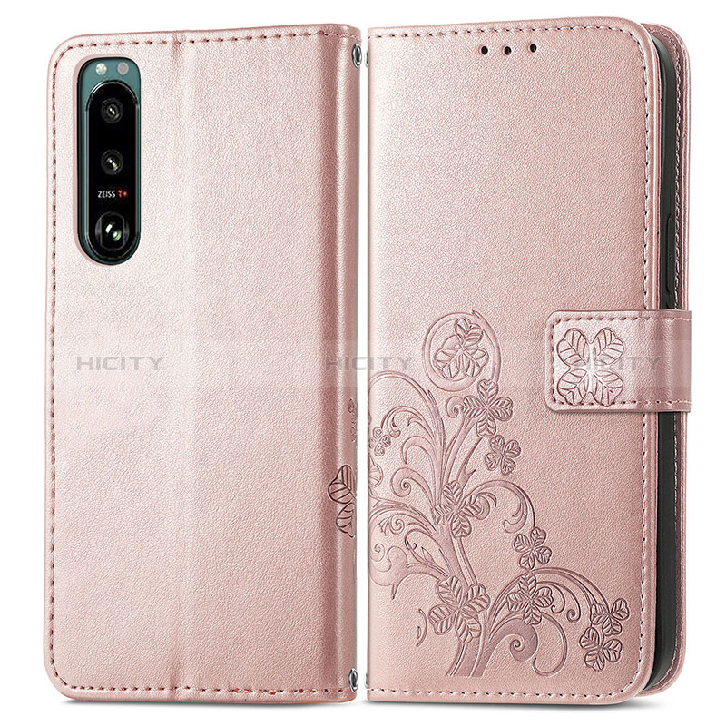 Custodia Portafoglio In Pelle Fiori Cover con Supporto per Sony Xperia 5 III Rosa