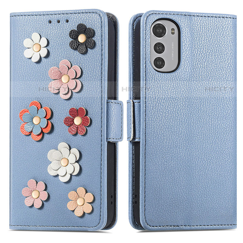 Custodia Portafoglio In Pelle Fiori Cover con Supporto S02D per Motorola Moto E32 Blu