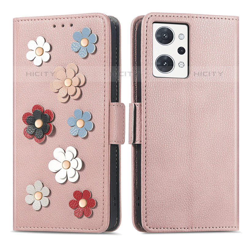 Custodia Portafoglio In Pelle Fiori Cover con Supporto S02D per Oppo Reno7 A Oro Rosa