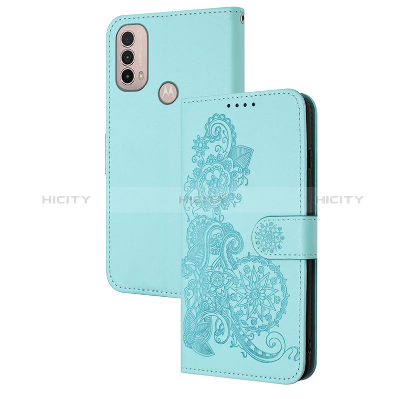 Custodia Portafoglio In Pelle Fiori Cover con Supporto Y01X per Motorola Moto E40 Azzurro