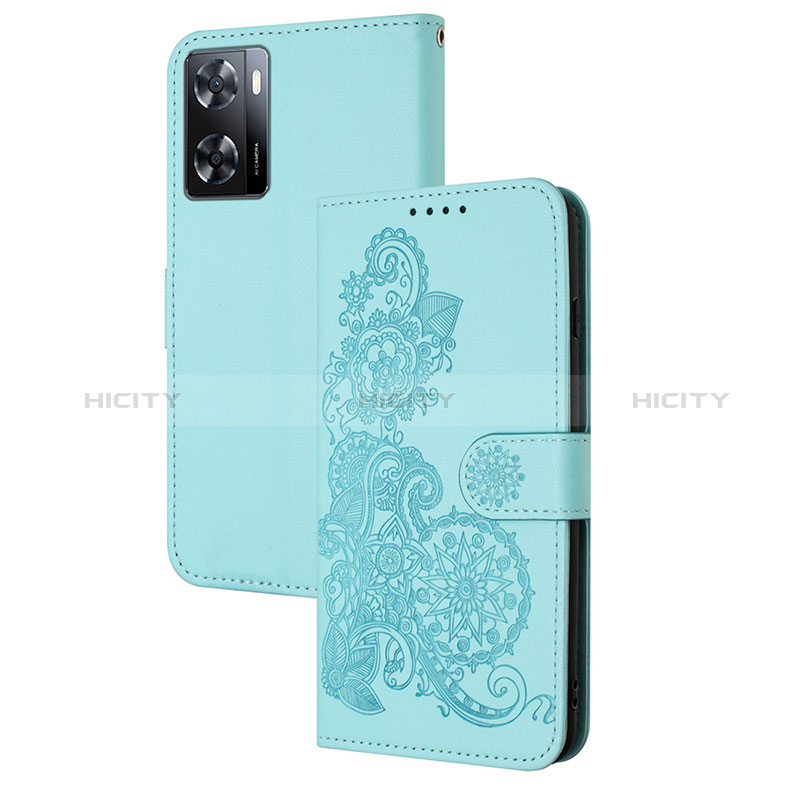 Custodia Portafoglio In Pelle Fiori Cover con Supporto Y01X per Oppo A77 4G Azzurro