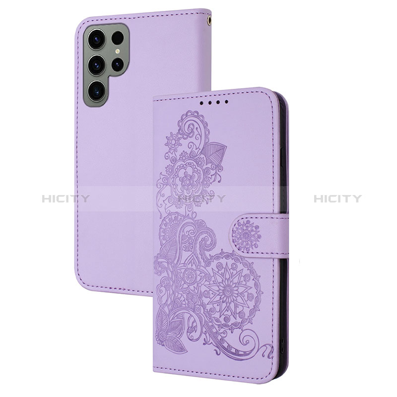 Custodia Portafoglio In Pelle Fiori Cover con Supporto Y01X per Samsung Galaxy S23 Ultra 5G Viola