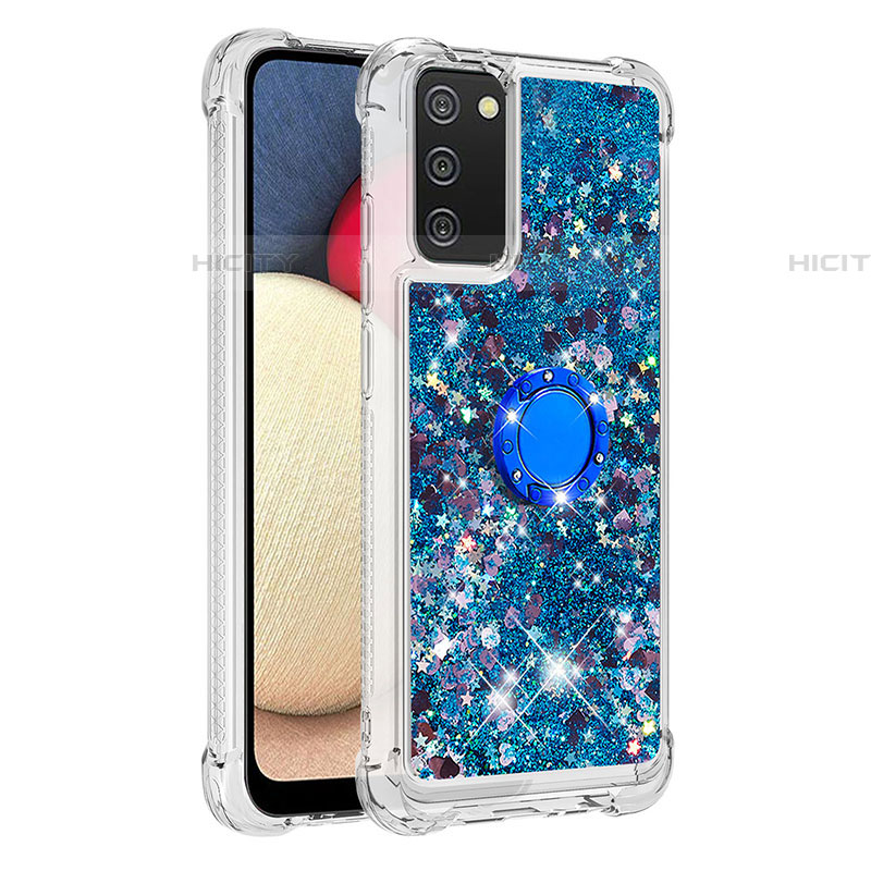 Custodia Silicone Cover Morbida Bling-Bling con Anello Supporto S01 per Samsung Galaxy A03s Blu