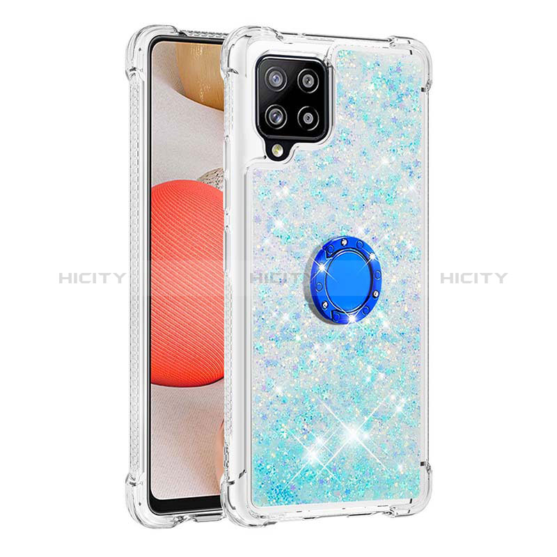 Custodia Silicone Cover Morbida Bling-Bling con Anello Supporto S01 per Samsung Galaxy A42 5G Cielo Blu